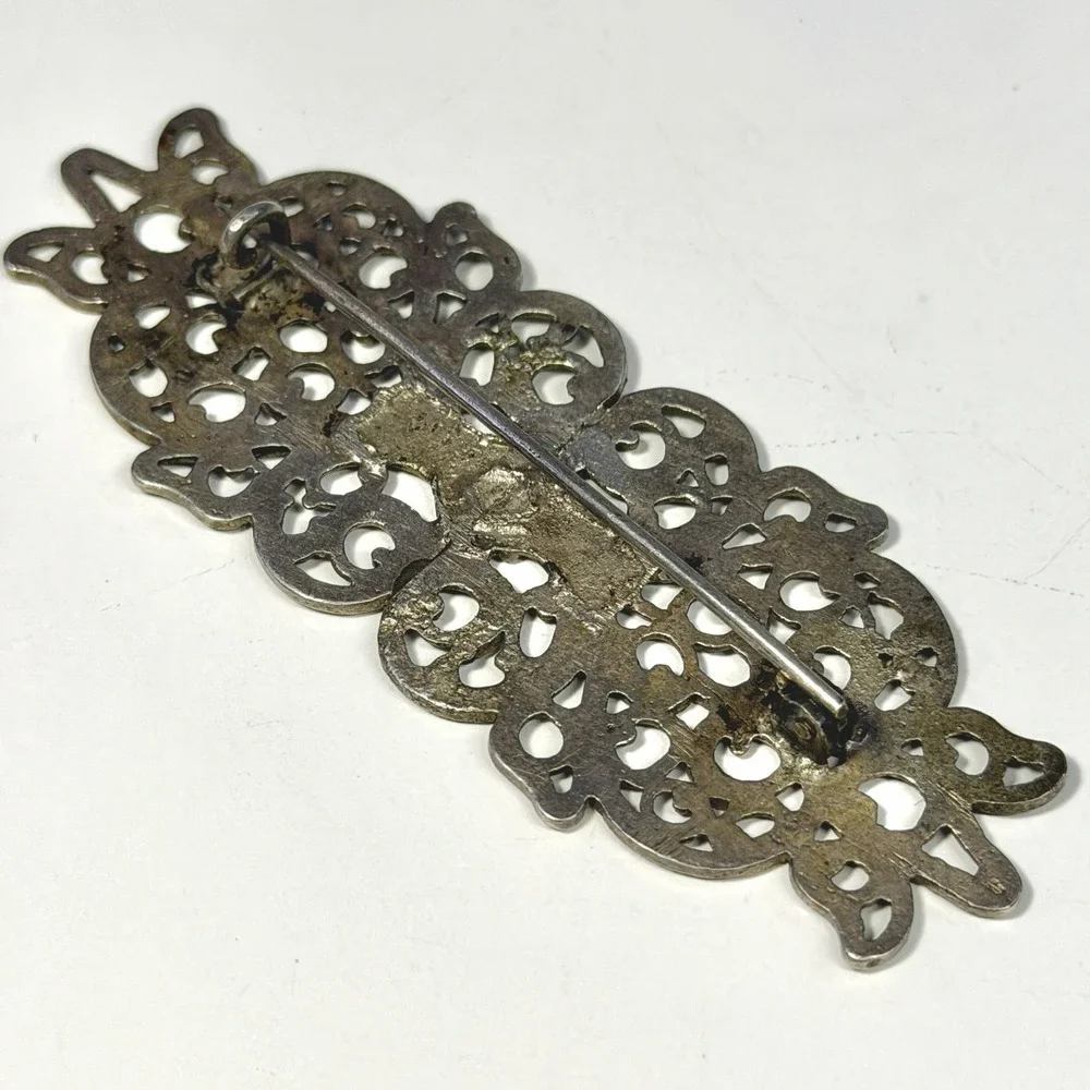 Antique Art Nouveau Filigree Brooch Silver Tone Ornate Open Scroll C Clasp 3